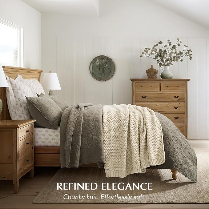 EVERGRACEHOME Chunky Chenille Knit Throw Blanket, 60 x 80, Beige | Sculpted Moss Stitch, Chic Modern Farmhouse, All-Season Warmth, OEKO-TEX® Certified, Elegant Blanket for Couch, Bed, Sofa