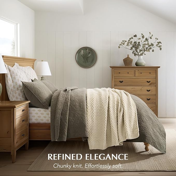 EVERGRACEHOME Chunky Chenille Knit Throw Blanket, 50 x 60, Beige | Sculpted Moss Stitch, Chic Modern Farmhouse, All-Season Warmth, OEKO-TEX® Certified, Elegant Blanket for Couch, Bed, Sofa
