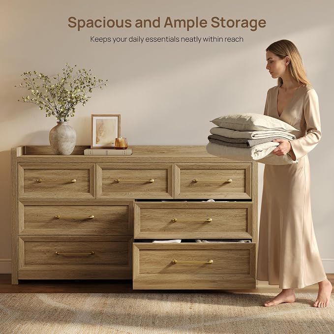 SICOTAS Dresser for Bedroom with 7 Drawers, 56.5" Wide Large Modern Dresser | Chest of Drawers for Living Room, Closet Clothes Storage Organizer Smooth Sliding Drawers, Brown Oak
