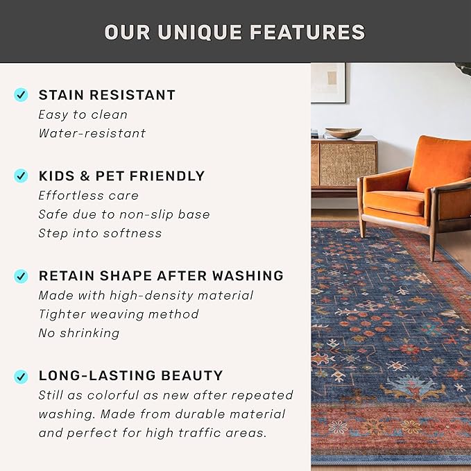 Washable Navy Blue Living Room Rug, 7x10 Area Rug for Bedroom, Dining Table Rugs - Low Pile Non-Slip Rubber Backing Stain Resistant Rug - Aethestic Boho Home Decor