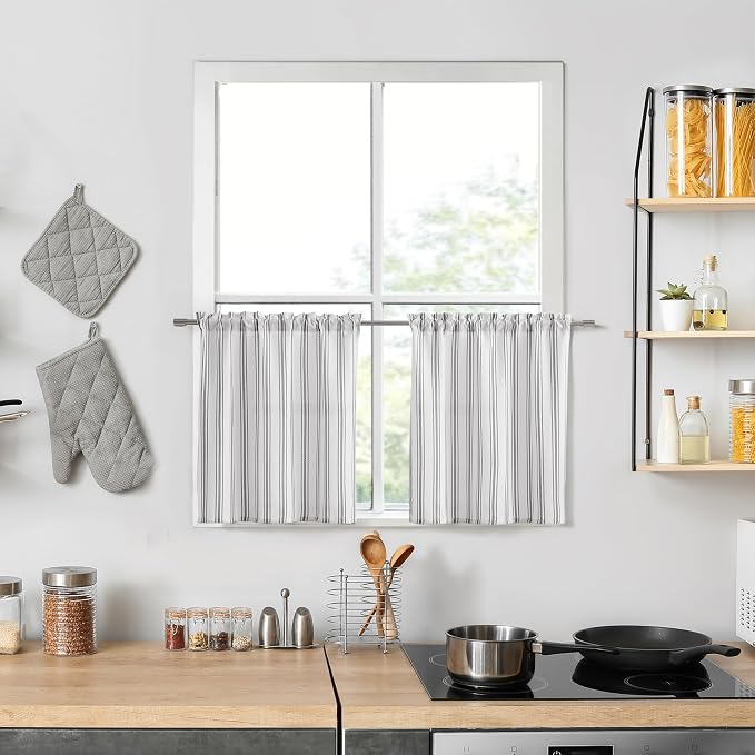ZJDECOR Cotton Blended Beige Striped Kitchen Tier Curtains,27" Wx24 Lx2 | Kitchen Curtains,Semi Sheer,78%Polyester、22%Cotton,Cottage Farmhouse Rusitc,Kitchen Bathroom RV Window Treatment