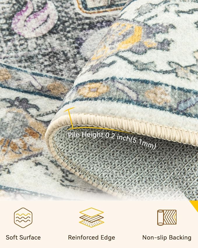 RELEANY Washable Area Rug, Round 6ft, Beige/Carbon Grey/Orange | Non-Slip, Water Repellent, Pet Friendly, Easy to Clean, Vintage Floral Boho Decor for Living Room Bedroom Dining Room