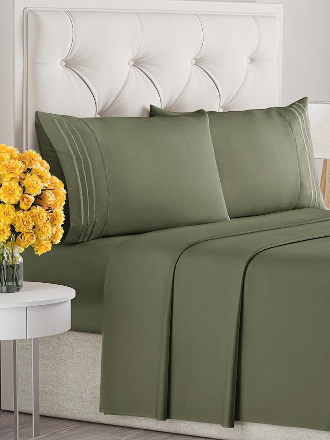 Cal King Size 4 Piece Sheet Set - Ultra Soft & Cooling Sheets - Deep Olive | Fits 8 Inch to 16 inch Mattress, Wrinkle Free & Fade Resistant with Deep Pockets, Breathable, Comfy Hotel Luxury Bedding