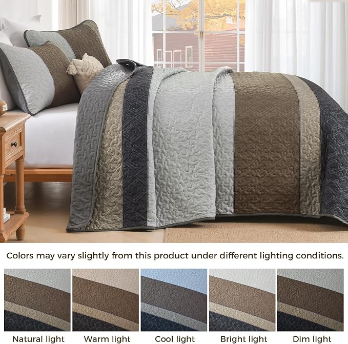 Cottolester King Quilt Set,Grey Brown Striped Plaid Bedsperad Coverlet Set | Modern Boho Style,Striped Plaid Design,Ultra Soft Lightweight Microfiber Quilted Bedding Sets for All Seasons 110"x90"