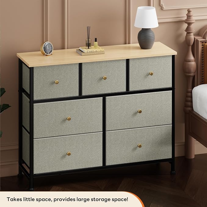 Sweetcrispy 7 Drawer Dresser for Bedroom Storage with Fabric Bin, Ink Green | Anti-Tip Closet Organizer, Wooden Top and Sturdy Steel Frame, Spacious Drawers for Clothes Storage, Hallway Entryway