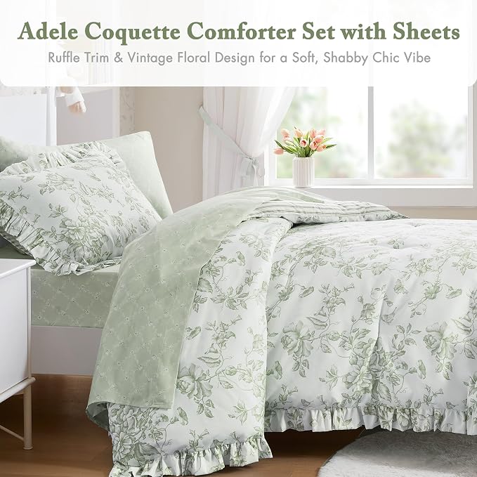 Madison Park Essentials Green Floral Comforter Set with Sheets Twin XL,5pc | Reversible, Elegant College Dorm Bedding, Ruffle Bed in a Bag, All Season, Machine Washable, Wrinkle Resistant, Ultra Soft