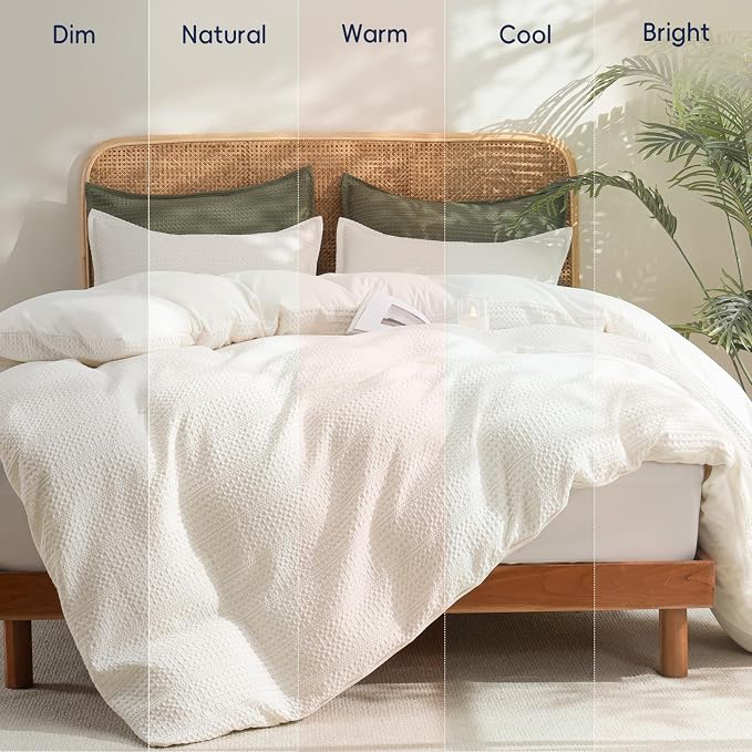 PHF Soft Waffle Duvet Cover Queen Size- Durable Breathable Waffle Weave Duvet Cover(90"x90") with 2 Pillow Shams, 3 Pieces Luxury Textured Bedding Set for All Season, Cream