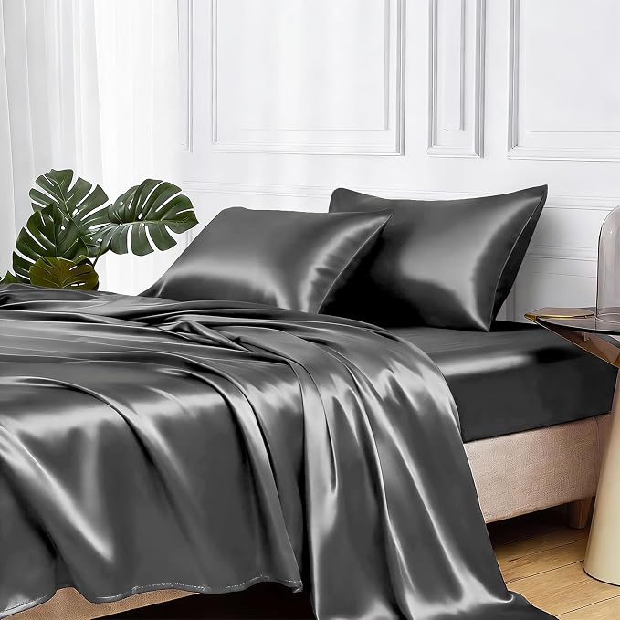 MR&HM Satin Sheets Twin XL Size with Elastic Corner Straps, Dark Grey | Similar to Silk, 3-Piece Silky Soft Bed Sheet Set, Gentle on Skin and Hair, 15" Deep Pocket, Cooling & Breathable