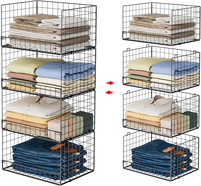 Yociyoga 4-Tier Stackable Closet Organizers and Storage Shelves, Foldable Closet Shelf Organizer, Black(Patent Protection)(Patent No. 30022416)