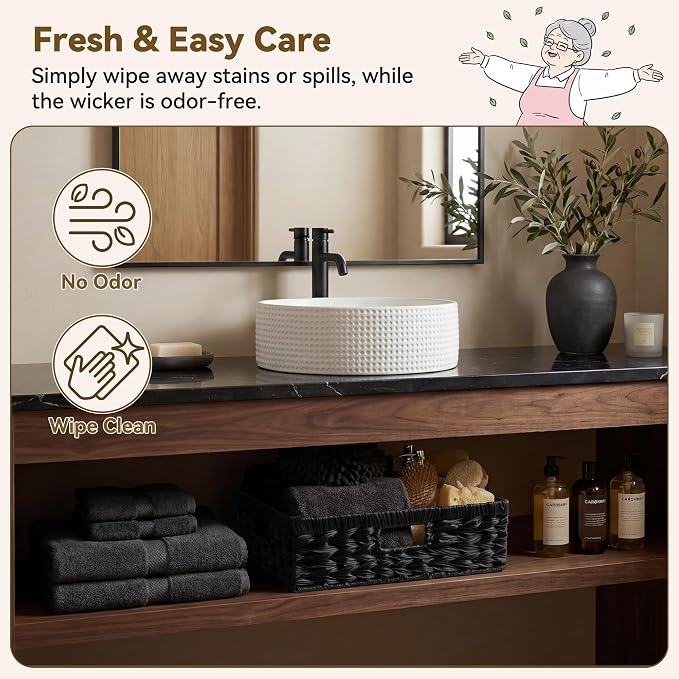 GRANNY SAYS Wicker Storage Baskets for Shelves, Black Wicker Basket,1-Pack | Waterproof Wicker Baskets for Organizing, Shallow Basket,Woven Baskets for Storage,Plastic Storage Baskets Moisture Resistant