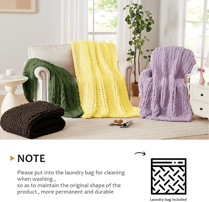 L'AGRATY Chunky Knit Throw Blanket for Couch, 50 x 60 Inches, Egg Yellow | Handmade Chenille Crochet Blanket for Sofa Bed, Thick Cable Knitted Blankets for Room Home Decor, Birthday Gift for Women Mom