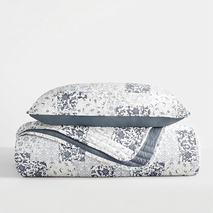Merit Linens Soft Quilt Coverlet Bedding Set - Pattern/Solid Reversible - Twin/TwinXL Dusk Blue
