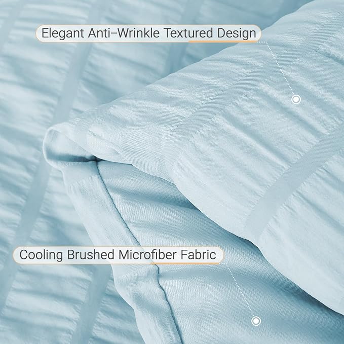 7 Pieces Queen Comforter Set, Seersucker Bed in a Bag Queen Size, All Season Luxury Bedding Set with Comforter, Flat Sheet, Fitted Sheet, Pillowcases & Shams, Lake Blue