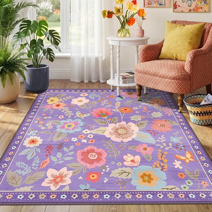 RELEANY Floral Washable Square 5ft Area Rug Purple/Pink | Flower Carpet, Print, Boho, Non-Slip, Easy to Clean, Soft, Low Pile for Living Room Bedroom Kitchen Office Entryway Hallway