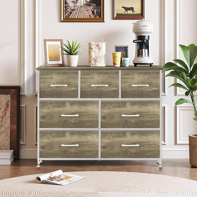 7-Drawer Dresser for Bedroom, Anti-Tip Wide Storage Organizer Fabric | Chest of Drawers TV Stand for 45" TV with Wooden Top and Metal Frame for Closet, Living Room, Hallway, Entryway, Greige Oak