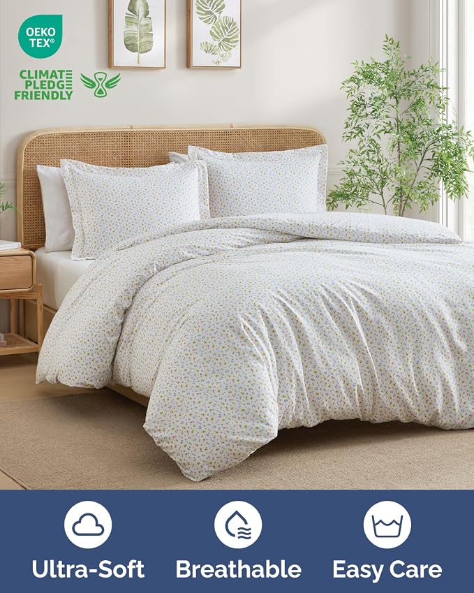 Duvet Cover Queen Size - Floral Duvet Cover - 3 Piece - Little Blooms | Soft Floral Duvet Cover 90 x 90 with 2 Pillow Shams, Zipper Closures & Ties, Floral Bedding for Women, Men, Kids & Teens
