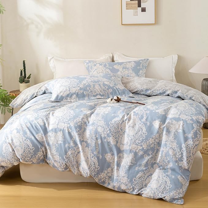 OAITE King Duvet Cover Set 3pcs 100% Cotton with Blue Damask Vintage Floral | Soft, Breathable,Long-lasting,Comfort,Dual Zipper,8 Corner Ties,Easy Care for All Season