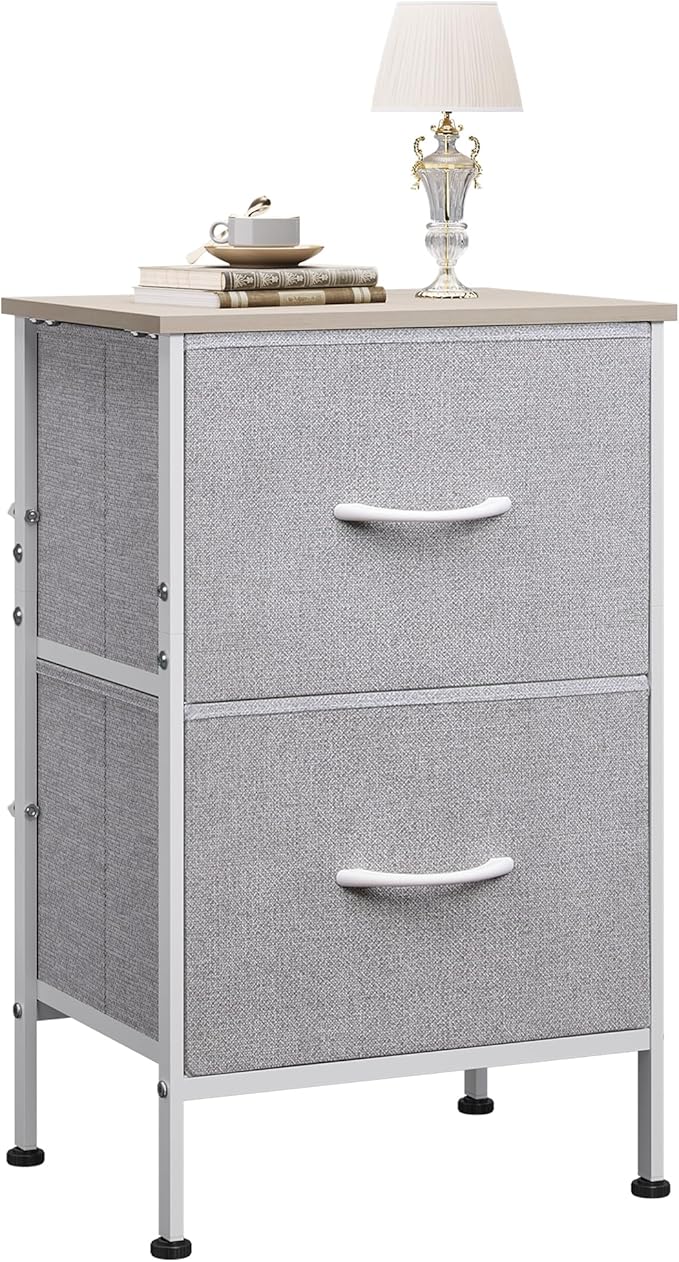 WLIVE Nightstand, Nightstand with 2 Drawers, Bedside Furniture, Night Stand, Small Dresser for Bedroom, College Dorm, End Table with Fabric Bins, Dormitory, Light Grey