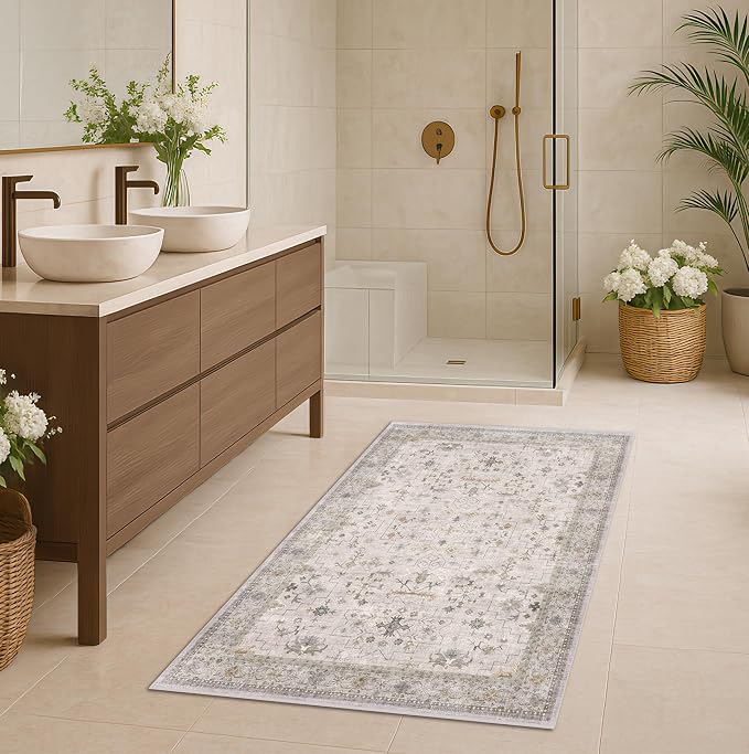 Boho Large 3x4 Bathroom Rug - Washable Low Pile Non-Slip Area Rugs for Entryway, Kitchen, Bedroom Beside Bed, Modern Vintage Neutral Light Gray & Sage Geometric Floral Decor