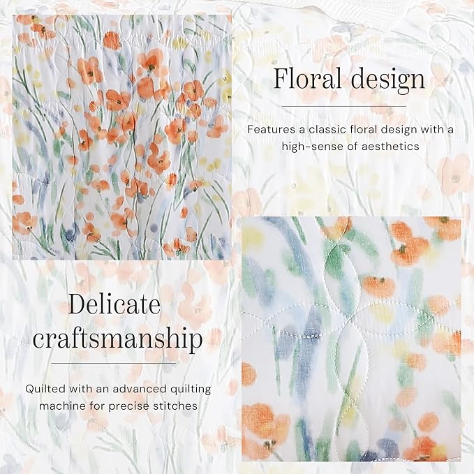 Twin/Twin XL Quilt Set-2 Pieces Soft Bedding Floral Reversible Coverlet | All Seasons Lightweight Quilts Queen Size for Bed, Breathable Vintage Bedspread with Sham, Orange Floral