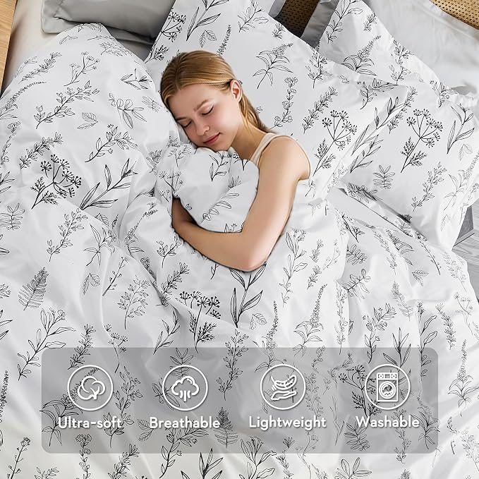 MUXHOMO Duvet Cover King Size, Reversible Floral White Duvet Cover Set with Zipper Closure, 3 Pieces Botanical Patterns Soft Microfiber Bedding Set (90"x104", 2 Pillow Cases 20"×36")