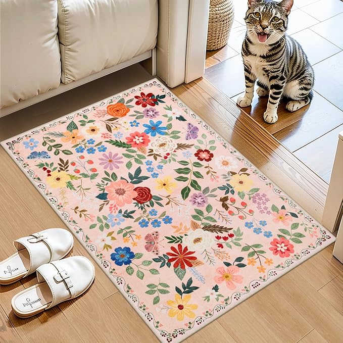 PLHXFR 2x3 Small Entryway Rug: Floral Washable Indoor Soft Carpet Beige | For Entrance, Bedroom, Kitchen, Laundry, Bathroom,Door Mat,Vintage Floral,Machine washable,Non-Slip,Stain Resistant,Indoor