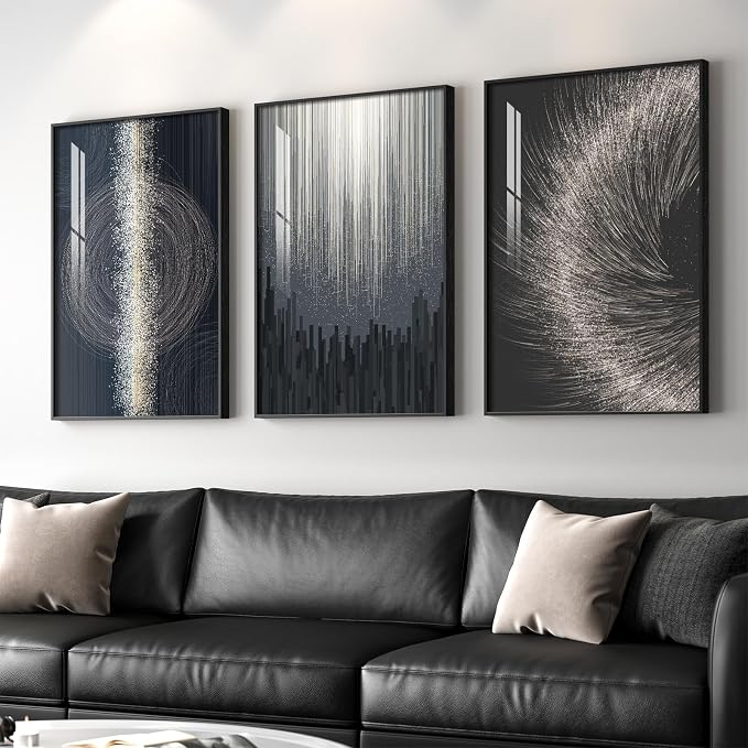 Large Black Silver Abstract Wall Art for Living Room, 3 Piece 24x36 In | Framed modern wall art, Elegant wall decor, Luxury wall art for bedroom dining room office hallway