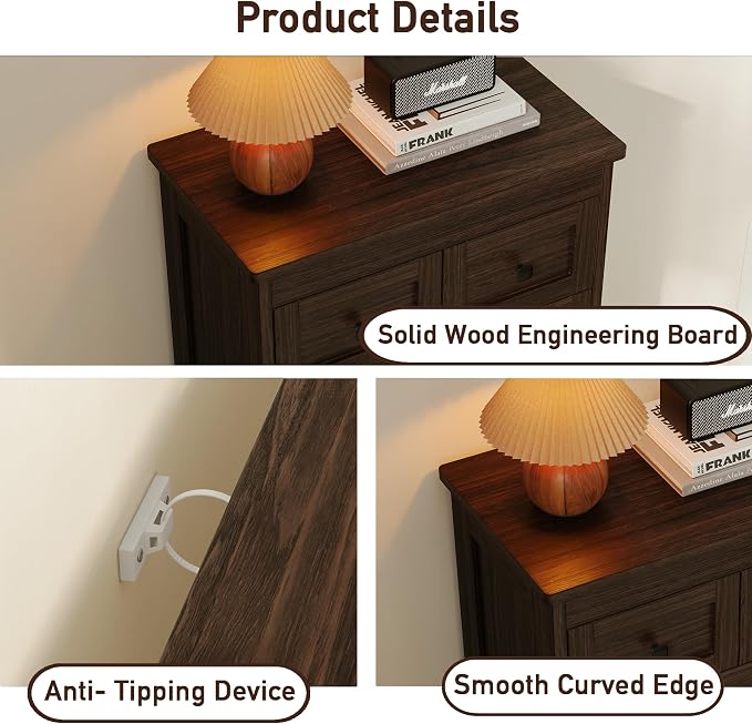 wanan Tall 6 Drawer Dresser for Bedroom, Walnut Modern 43.3'' Tall Wood Chest of Drawers, Storage Organizer with Smooth Metal Rails & Anti-Tip Kit for Closet, Hallway, Living Room