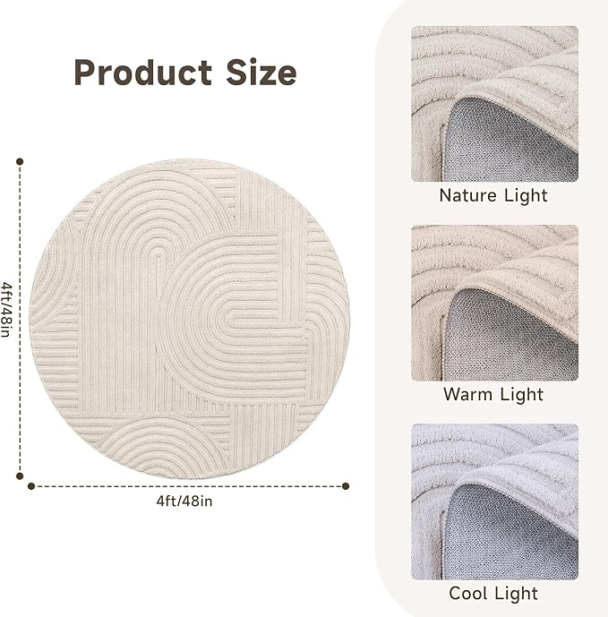 Pauwer 4ft Area Rugs for Living Room, Modern Non Slip Washable Rug, Beige | Arch Pattern, Soft Fluffy, Neutral, Boho Accent, Indoor Round Floor Carpet, For Kids Room Dining Room Nursery Entryway