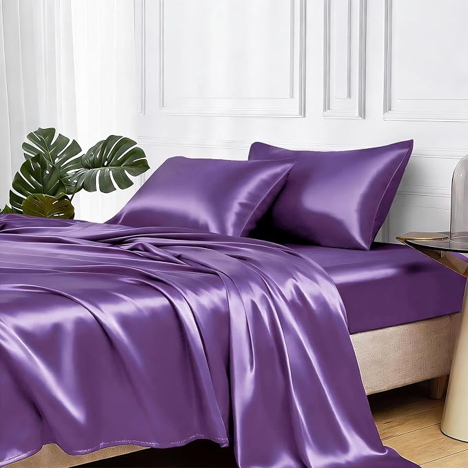 MR&HM Satin Sheets Queen Size with Elastic Corner Straps, Lavender | Similar to Silk, 4-Piece Silky Soft Bed Sheet Set, Gentle on Skin and Hair, 15" Deep Pocket, Cooling & Breathable