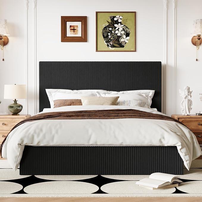 Allewie Queen Bed Frame, Adjustable Corduroy Headboard, Platform, Black | Adjustable Headboard, Corduroy Fabric, Low Profile, Wooden Slats, 900 lb Capacity, No Box Spring Needed