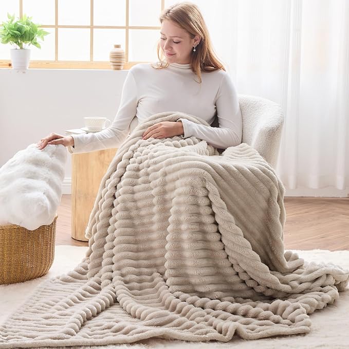NEWCOSPLAY Fleece Ribbed Cozy Twin Blanket for Couch, Linen, 60"x80" | Premium Silky Flannel Blanket, Soft Lightweight Fluffy Throw Blanket for Bed Sofa Decor, Gift for All Season Use