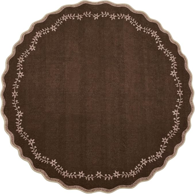 GarveeHome Round Rugs 4ft Scalloped Washable Brown Circle Rug for Kids Room | Soft Non Slip Floral Print Floor Mat Carpet Indoor Thin Tent Rug for Bedroom Dining Room Playroom Nursery Entryway
