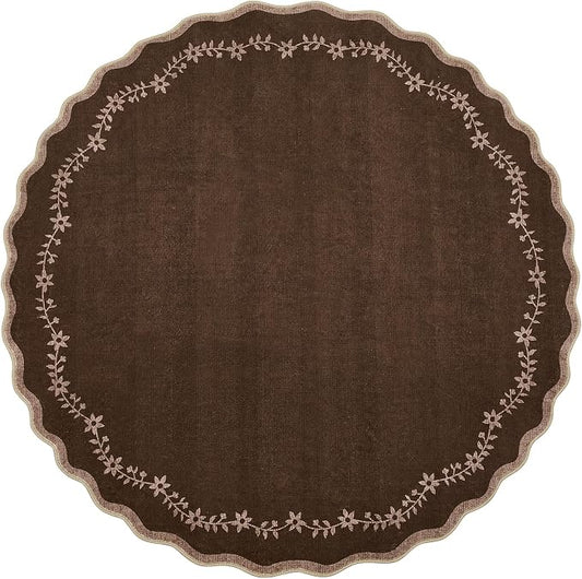 GarveeHome Large Round Rug 8ft Scalloped Washable Circle Living Room Rug | Soft Solid Non Slip Floral Print Floor Mat Carpet Indoor Thin Area Rug for Bedroom Dining Room Playroom Nursery