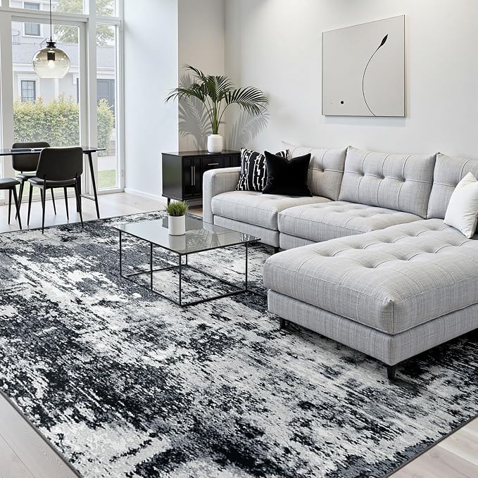 RELEANY Washable 6'x9' Abstract Area Rug for Living Room Black White | Carpet for Bedroom, Kitchen, Office, Hallway and Entryway, Printed Pattern, Non‑Slip, Soft, Stain‑Resistant, Easy to Clean