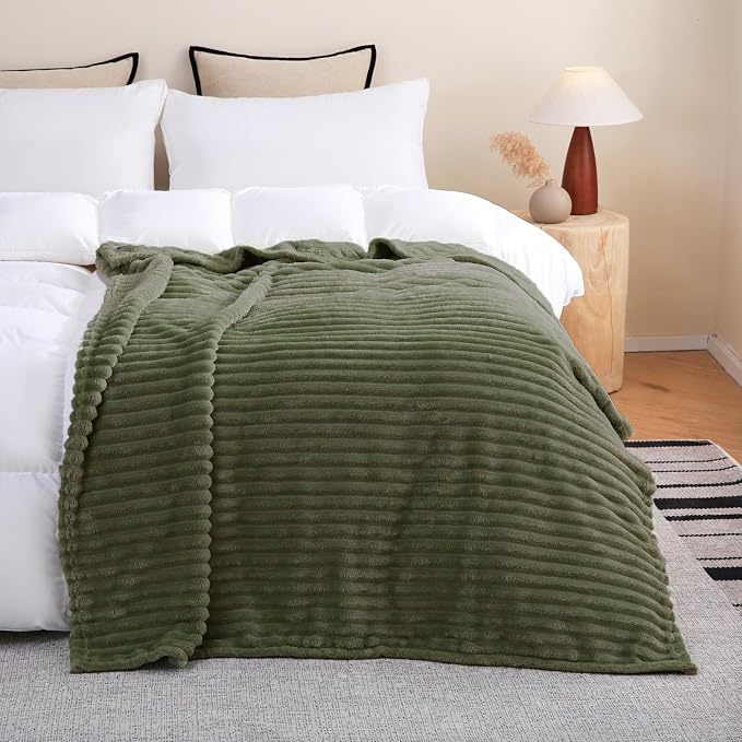 Olive Green Fleece Throw Blanket 50”×60” for Couch Sofa Livingroom | Super Soft Cozy Plush Microfiber Flannel Bed Blanket Striped Design Lightweight Home Decor Gifts for Adults Mom Women
