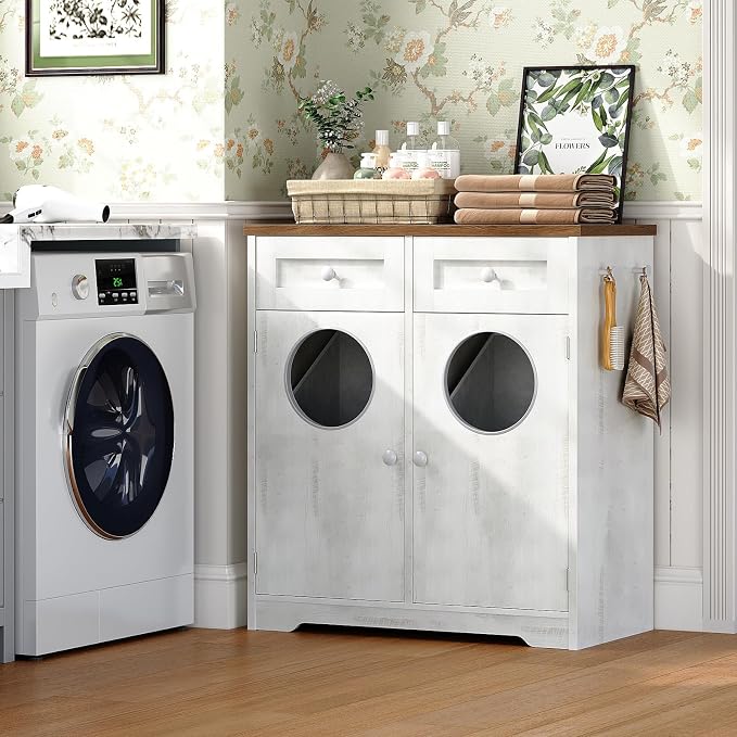 HOOBRO Double Laundry Hamper Cabinet, Hidden Laundry Cabinet with 2 Drawers & 2 Baskets, 20 Gallon Farmhouse Bathroom Laundry Hamper with 2 Clothes-Toss Holes, White and Dark Walnut WHZ36XY01