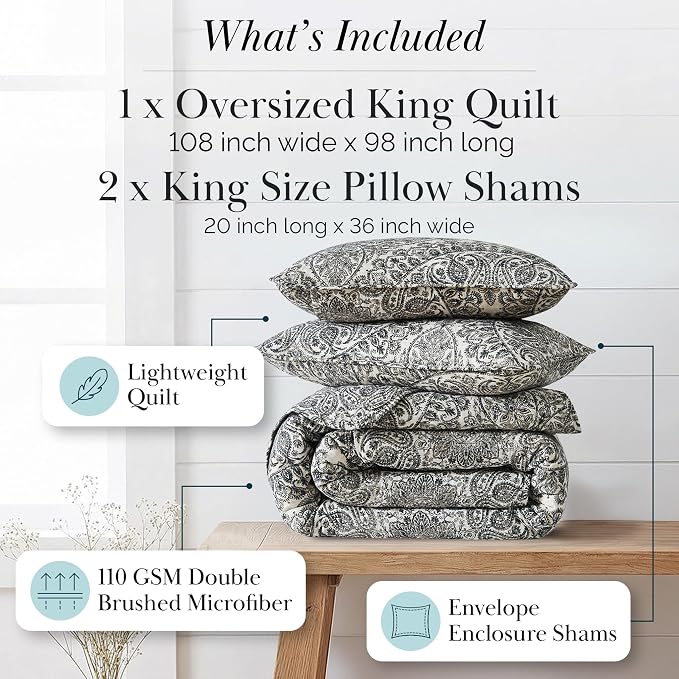 Southshore Fine Living, Inc. Ashanti Collection Oversized King Quilt Bedding Set, Soft Fabric, Lightweight Bedspread 3-Piece, Two Matching Shams (108 in Wide x 98 in Long), King/California Size, Grey