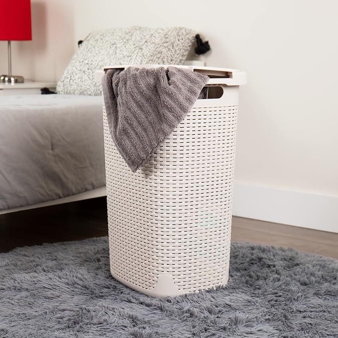 Mind Reader Tall Tapered Laundry Hamper with Lid, 60L Clothes Basket, Narrow Base Design for Bathrooms, Closets and Laundry Rooms, Plastic, 2 Pack, Ivory