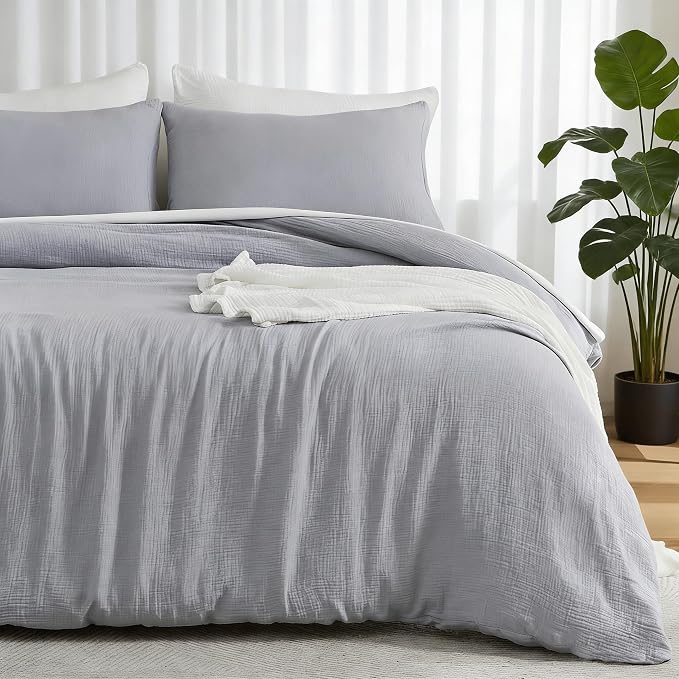 EMME Muslin Cotton Duvet Cover Set Queen Size Linen Like Soft Breathable Lightweight Summer Comforter Cover Set with Zipper Closure (Light Grey, Queen, 90"x90")