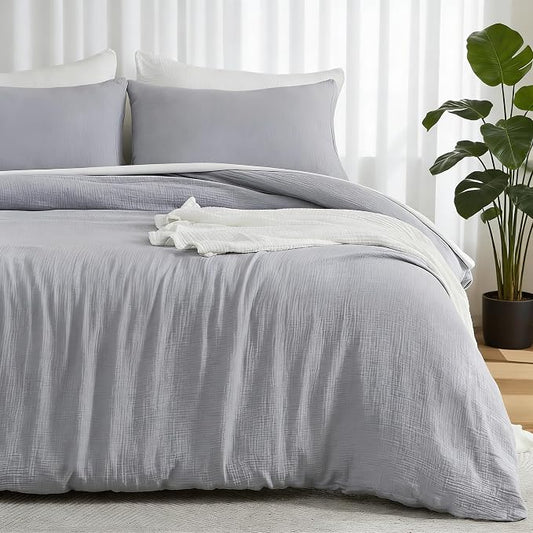 EMME Muslin Cotton Duvet Cover Set Queen Size Linen Like Soft Breathable Lightweight Summer Comforter Cover Set with Zipper Closure (Light Grey, Queen, 90"x90")