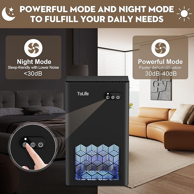 ToLife Dehumidifier, 1000 Sq Ft 95 oz Tank with Sleep Mode, Auto Shutoff | Portable for Home, Bedroom, Bathroom and Basement with 7-Color LED Light, Black