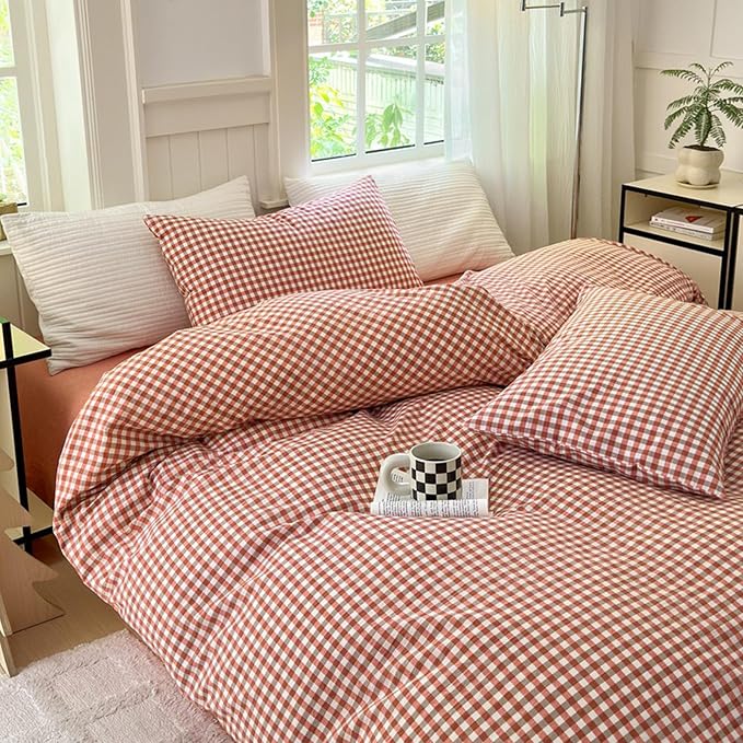 LifeTB Gingham Comforter Set King Modern Style Plaid Checkered Comforter Fluffy Soft Red Orange Grid Bedding Set Lightweight Gingham Bedding Comforter Farmhouse Checkered Comforter Set