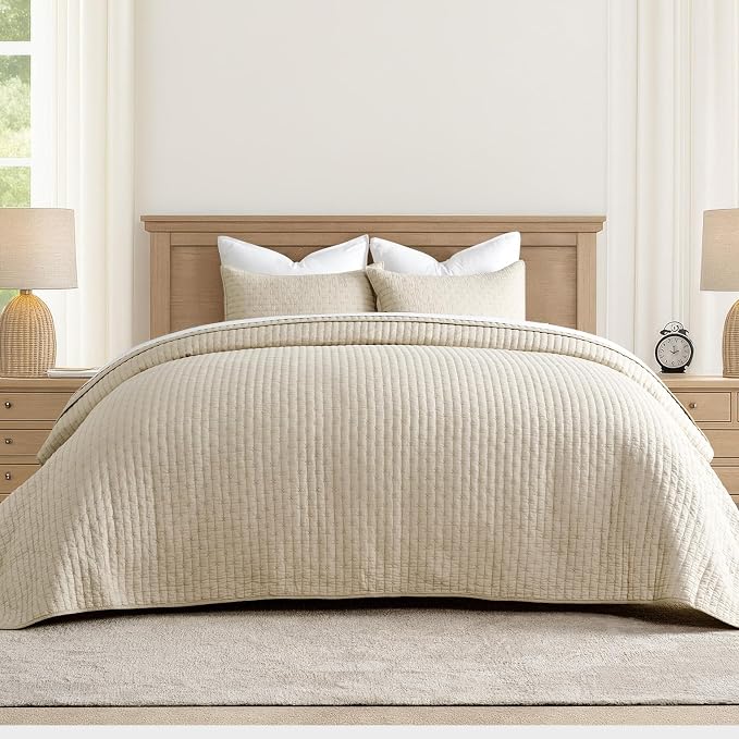 100% Cotton Cross Stitch 3-Piece Quilt Set, 118"x106", Flax Beige | Cross Stitch Cotton Quilt, Pre-Washed Bedding Set, Oversized Lightweight Bedspread Coverlet, for All Season, with 2 Shams