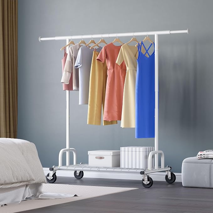 HOKEEPER Clothes Rack Collapsible Clothing Rack Capacity 525LBS White | Clothing Racks on Wheels Heavy Duty Rolling Clothes Rack for Hanging Clothes for bedroom, Commercial, 22"D x 75"W x 71"H