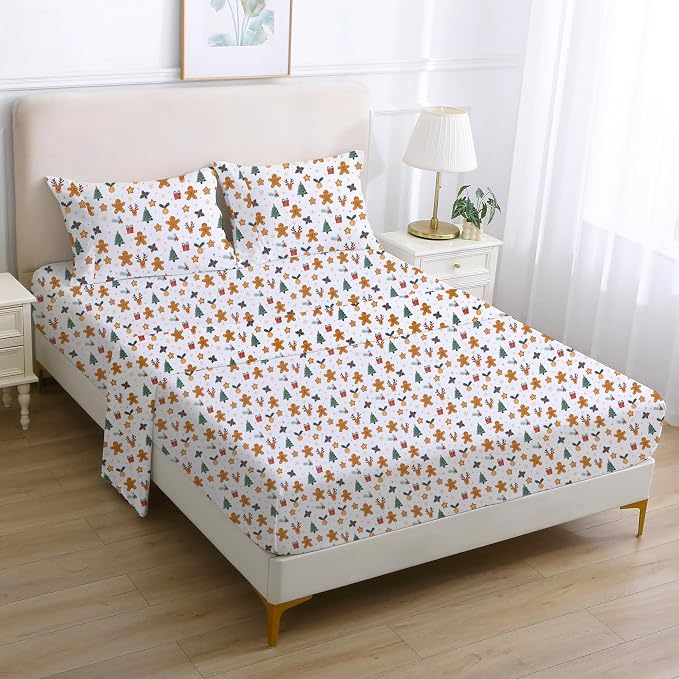 Softan Christmas Holiday Microfiber King Sheet Set with Non-Slip Straps | 15" Deep Pocket Fitted Bed Sheets, Printed Sheets, Christmas Gathering Pattern, Cozy Sheets & Pillowcase Set for All Season