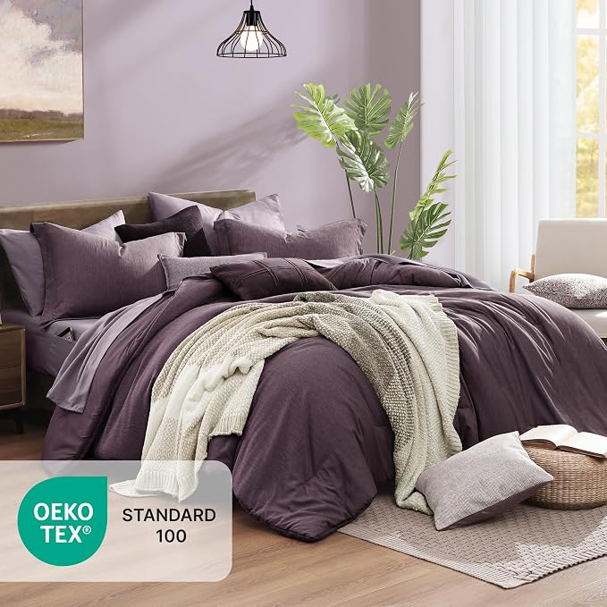 Monbix Oversized Queen Comforter Set 7 Pieces Italian Plum Bed in a Bag | Cationic Dyeing Reversible All Season Bedding Sets with Comforter, Sheets, Pillowcases & Shams
