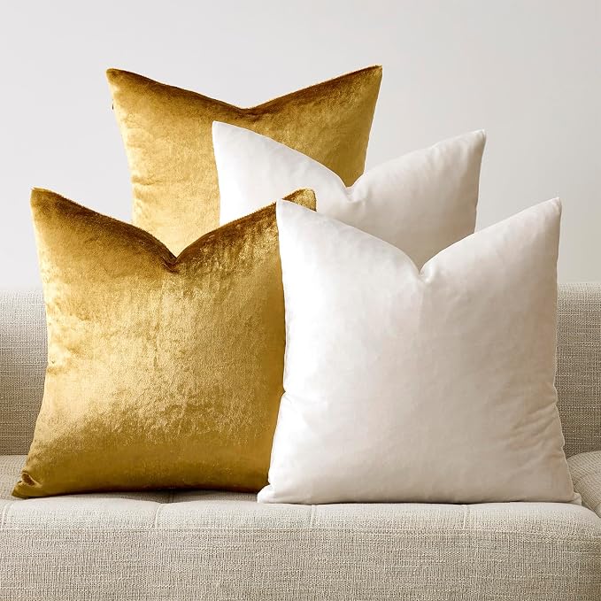 GIGIZAZA Pack of 4 Decorative Velvet Pillow Covers 20x20 Ivory Gold | Throw Pillows for Couch Sofa,280gsm Soft Textured Fabric,Modern Accent Pillowcases,Luxury Living Room Cushion Covers