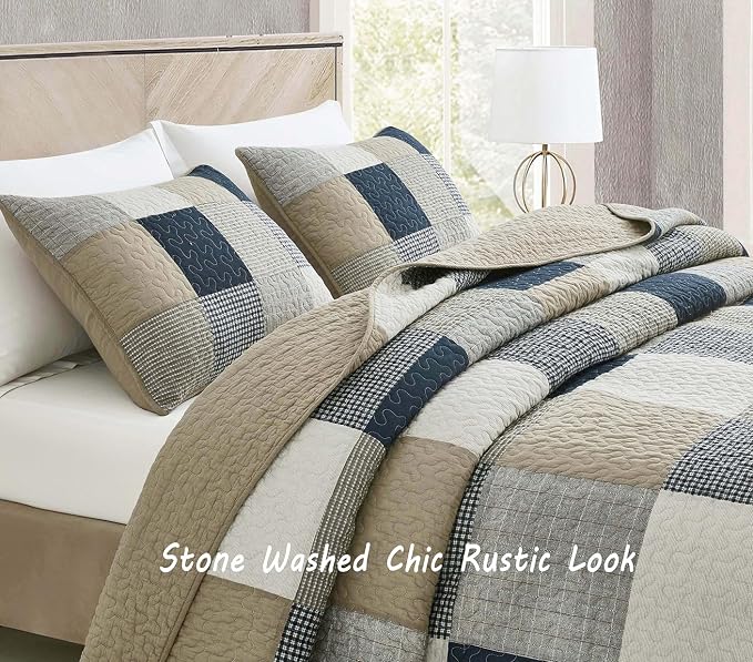 Chezmoi Collection Samuel 3-Piece Navy Blue White Gray Taupe Plaid Square Patchwork Quilt Set - Pre-Washed Cotton Quilted Coverlet - Lightweight Reversible Bedspread for All Seasons, Queen Size