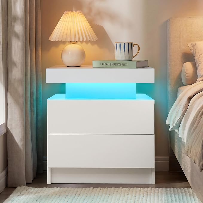 i-aplus White Modern LED Nightstand Set of 2 with 2 Wood Drawer for Bedroom | Nightstands with App-Controlled RGB LED Lights, Night Stand with Storgae Drawer, Modern Bedside Table for Bedroom